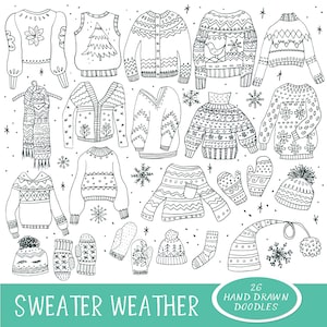 Könnte beinhalten: Ein Set mit 26 handgezeichneten Kritzeleien von Winterkleidung und Accessoires, darunter Pullover, Mützen, Fäustlinge und Socken. Die Kritzeleien sind in Schwarzweiß gehalten und haben einen skurrilen, skandinavisch inspirierten Stil.
