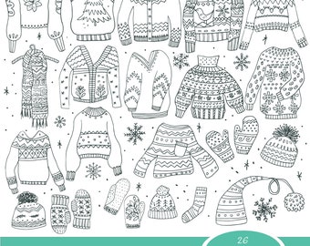 Winter Christmas Sweaters Doodle Icons - Doodle Sweaters Icons Clipart - Hand Drawn Coloring Pages - Christmas Clipart - Digital Download