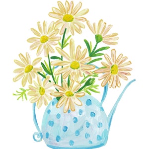 May include: A blue polka dot watering can with a bouquet of white daisies.