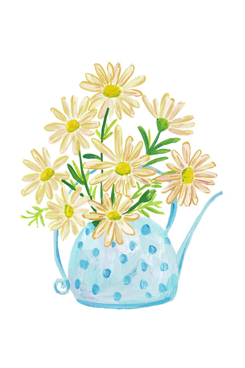 May include: A blue polka dot watering can with a bouquet of white daisies.