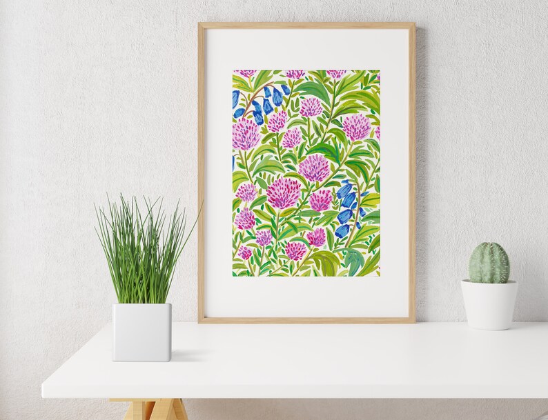 DIGITAL Pink Flowers Field Art Print, Printable Digital Download, Gouache Illustration, Home Decor Poster, Floral Art Print image 3