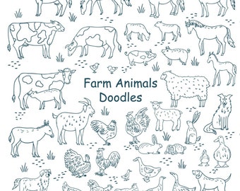 ANIMAL doodle vector icons - Doodle  Farm Animals Icons Clipart - Hand drawn  Line Art -  Coloring Hand Drawn Collection  - Digital Download