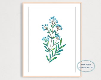 Blue Wildflower Botanical Art Print, Printable Gouache Illustration, Housewarming Wall Art, Floral Wall Decor