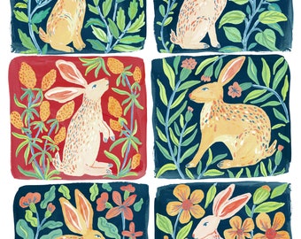 Easter Spring Bunnies  Flowers Art Print, Kids Room Rabbits Tiles, Floral Hares Illustartion, Nursery Room Poster