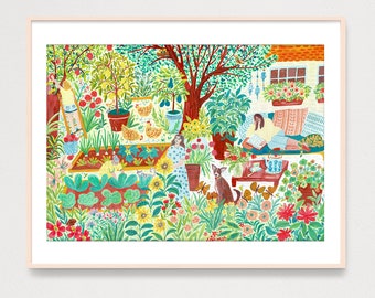 ART PRINT Summer Garden Art Print, Farmhouse Garden Poster, Gouache Illustration