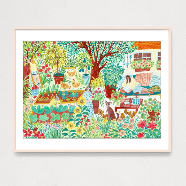 ART PRINT Summer Garden Art Print, Affiche de jardin de ferme, Illustration gouache