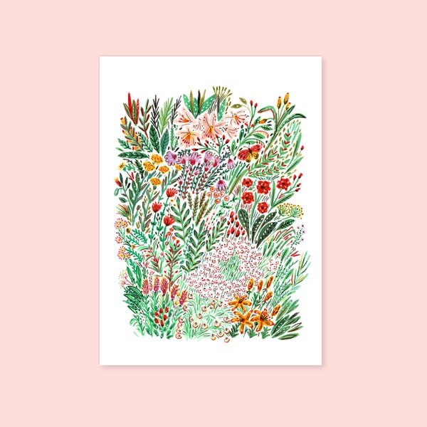 Art Print of Flowers Field and Butterfly, Illustration Art, Wall Decor, Flower Wall Art, Butterfly Wall Print, Art Print