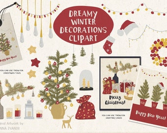 Dreamy Winter Decorations Clipart Set - Winter Holiday Christmas - Printable Doodles - Digital Clipart