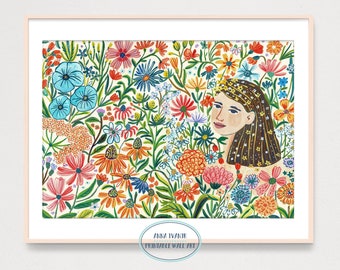 Woman Portrait in a Field of Wildflowers Art Print, Gouache Illustration Wall Decor, Printable Digital Art Print