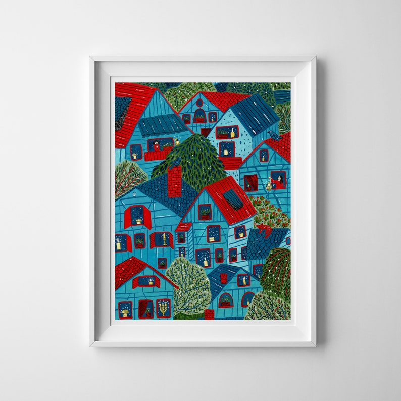 Night City Lights Art Print, Wall Print, City Illustration, Gouache Illustration image 3