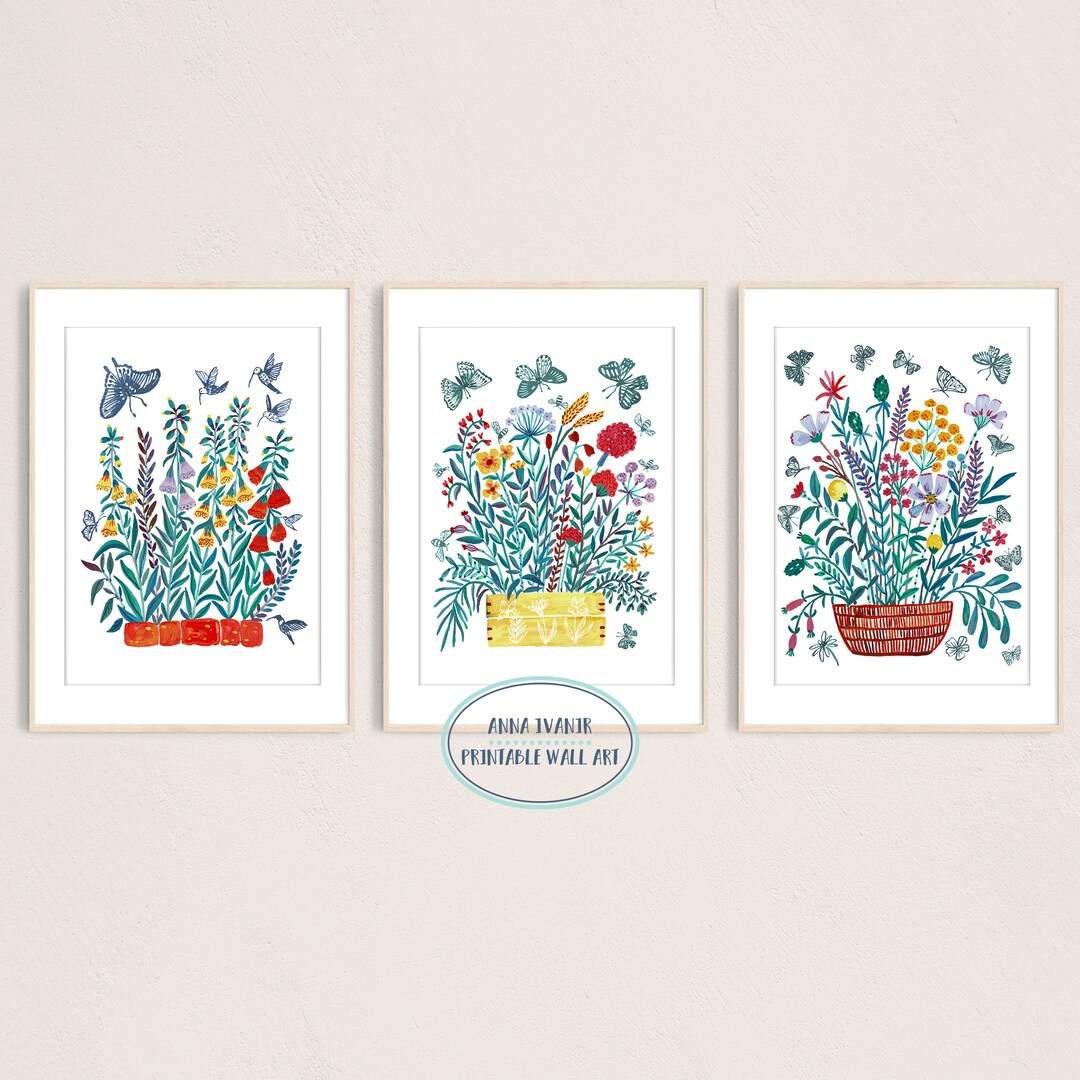 Botanical Wildflowers Bouquet - Set of 3 Art Prints, Printable Digital ...