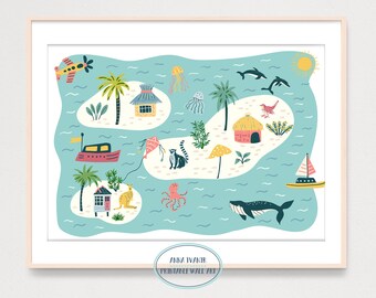 Little Tropical Islands Map Printable Art Print, Nursery Room Wall Decor, Kids Room Poster, Travel Illustration Art