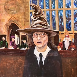 May include: A painting of a young person wearing a brown pointed hat, a black robe, and a white shirt with a black tie. The person is looking to the right. The painting is set in a room with a large window and a wooden bench.