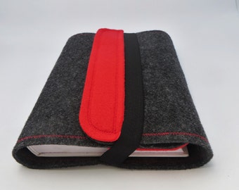 Felt book cover / book case, grey and red, useful when traveling