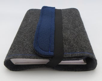 Felt book cover / book case grey and navy blue, useful when traveling