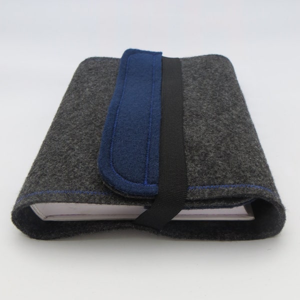 Felt book cover / book case grey and navy blue, useful when traveling