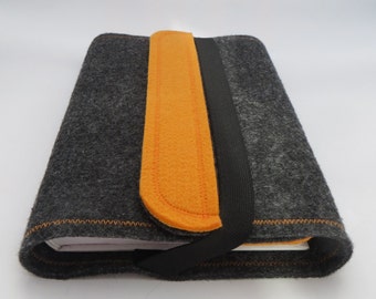 Felt book cover / book case, grey and orange, useful when traveling