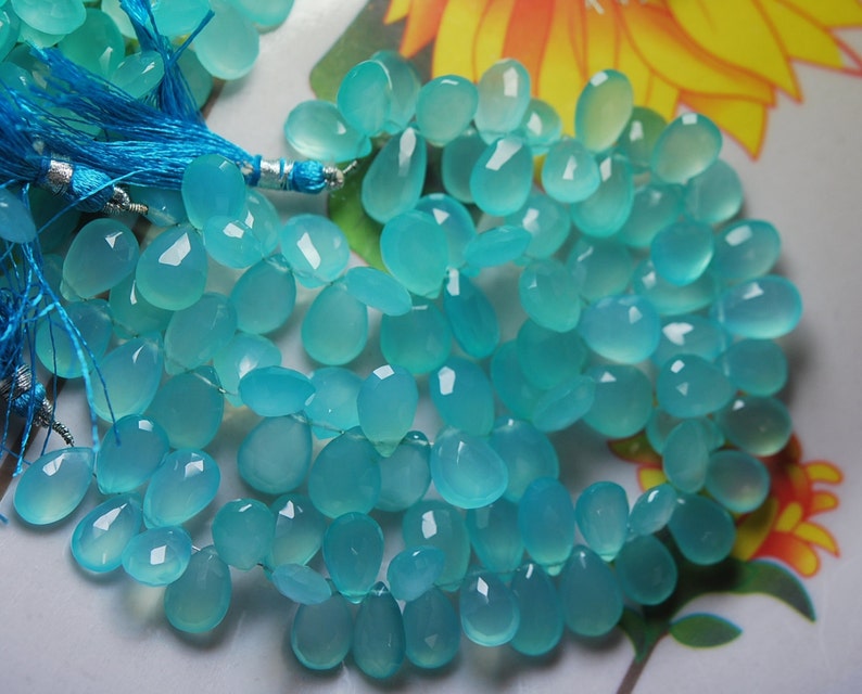 Aqua Chalcedony Faceted Pear Briolettes,7x10mm 8 Inches