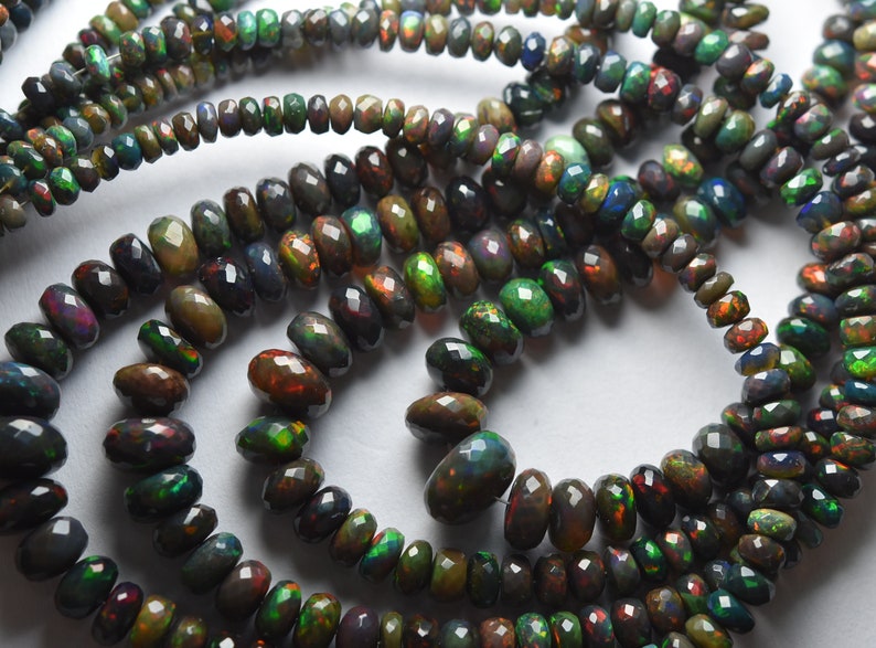 LARGE Size 10-4mm Full Fire Black Opal Faceted Rondelles 17 Inches Strand Super Finest