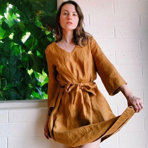 Vintage Linen Kimono Wrap Dress Boho Romantic Midi