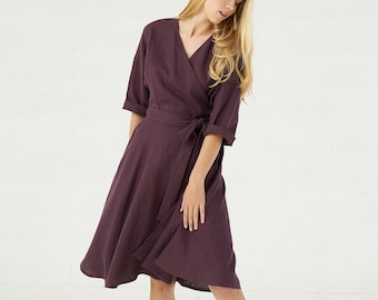 Linen Wrap Dress For Women, Burgundy Vintage Kimono Linen Midi Dress With Pockets