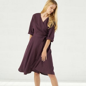 Linen Wrap Dress For Women, Burgundy Vintage Kimono Linen Midi Dress With Pockets image 1