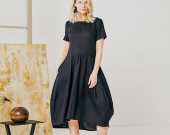 Midi Black Linen Dress, Stonewashed Linen Kaftan Dress For Women