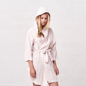 Women's Linen Kimono Dressing Gown, Linen Personalised Womens Robe With Hood image 3