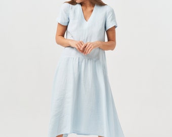 Linen Midi Boho Wedding Dress, Blue Long Evening Dress