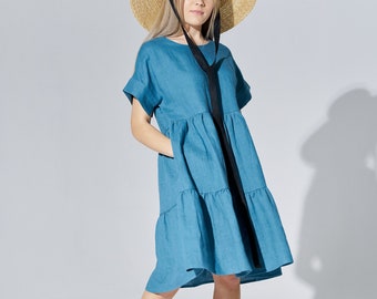 Flowy Blue Linen Dress, Summer Linen Slip Dress For Women