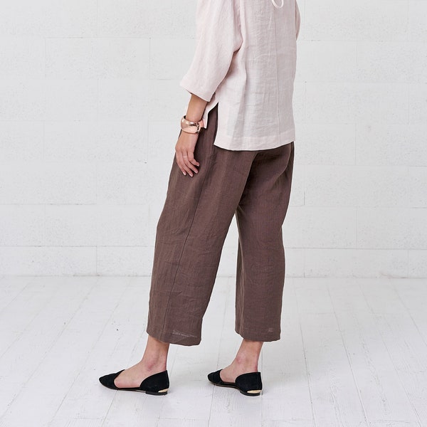 Linen Palazzo Cropped Pants For Women, Loose Plus Size Pants