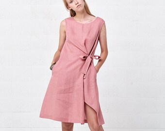 Pink Shift Linen Wrap Dress, Boho Womens Linen Dresses