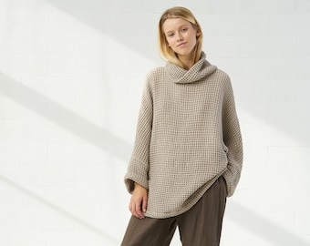 Leinen-Strickjacke mit Waffelmuster für Frauen, übergroßer Leinenpullover für Damen