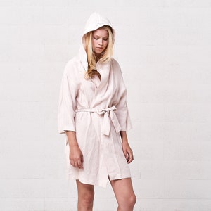 Light Linen Short Kimono Robe, Linen Bathrobe Women image 3