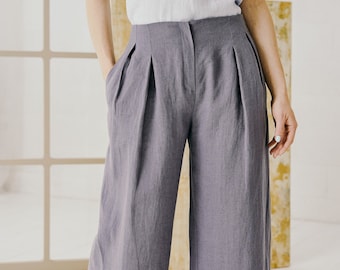 Womens Linen Grey Trousers, Wide Leg Linen Pants For Women