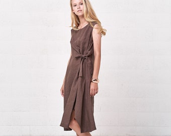 Women's Organic Linen Midi Dress, Airy Summer Linen Wrap Dress For Women