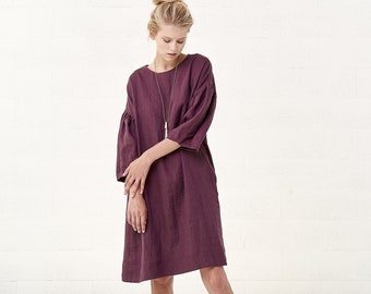 Burgundy Linen Midi Dress With Puff Sleeves, Vintage Linen Dress For Women