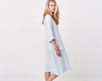 Women's Linen Midi Oversize Dress With Pockets, Soft Loose Linen Pregnancy Dress Tunic For Women