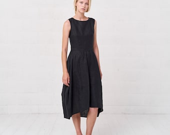 Sleeveless Summer Bohemian Black Linen Kaftan Dress, Black Linen Midi Dress For Women