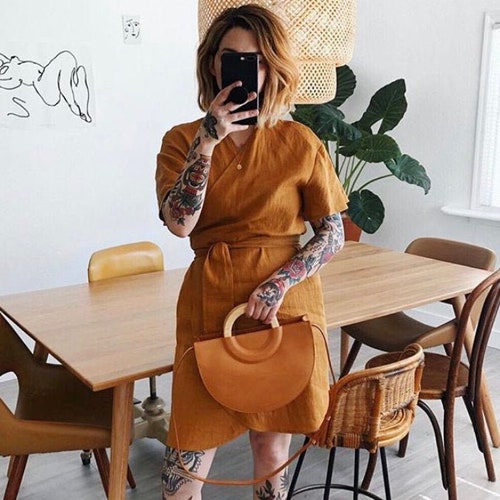 Linen Vintage Mini Kimono Wrap Dress, Boho Cocktail Evening Party Dress For Women