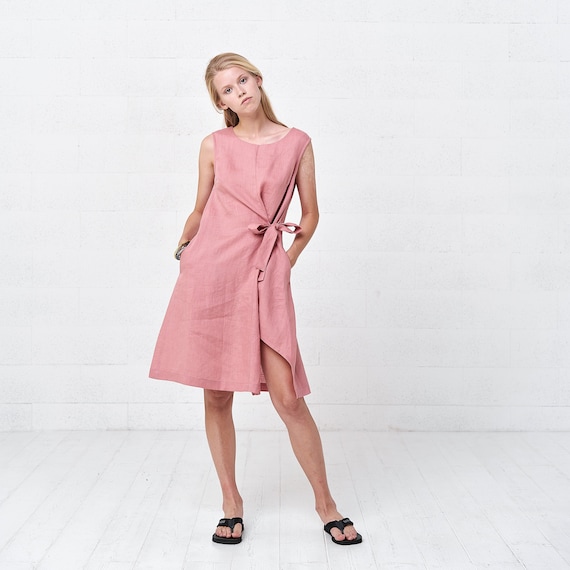 Pink Shift Linen Wrap Dress Boho Womens Linen Dresses | Etsy