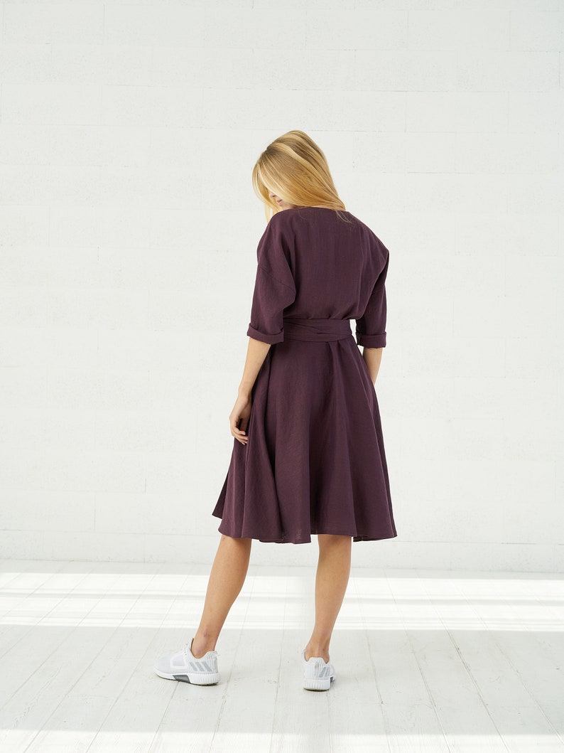 Linen Wrap Dress For Women, Burgundy Vintage Kimono Linen Midi Dress With Pockets image 4