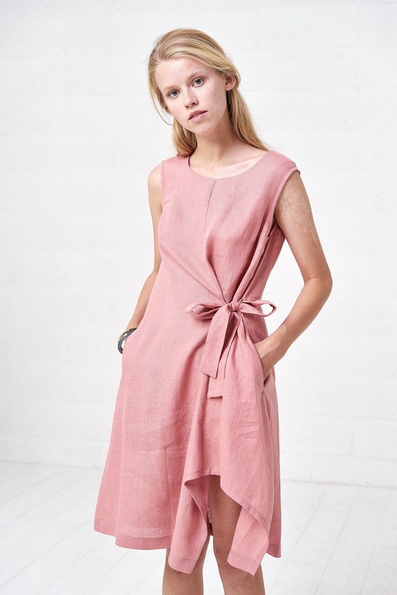 Pink Shift Linen Wrap Dress, Boho Womens Linen Dresses image 3