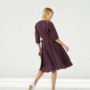 Linen Wrap Dress For Women, Burgundy Vintage Kimono Linen Midi Dress With Pockets image 2