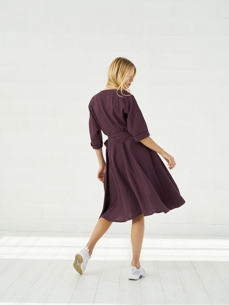Linen Wrap Dress For Women, Burgundy Vintage Kimono Linen Midi Dress With Pockets image 2