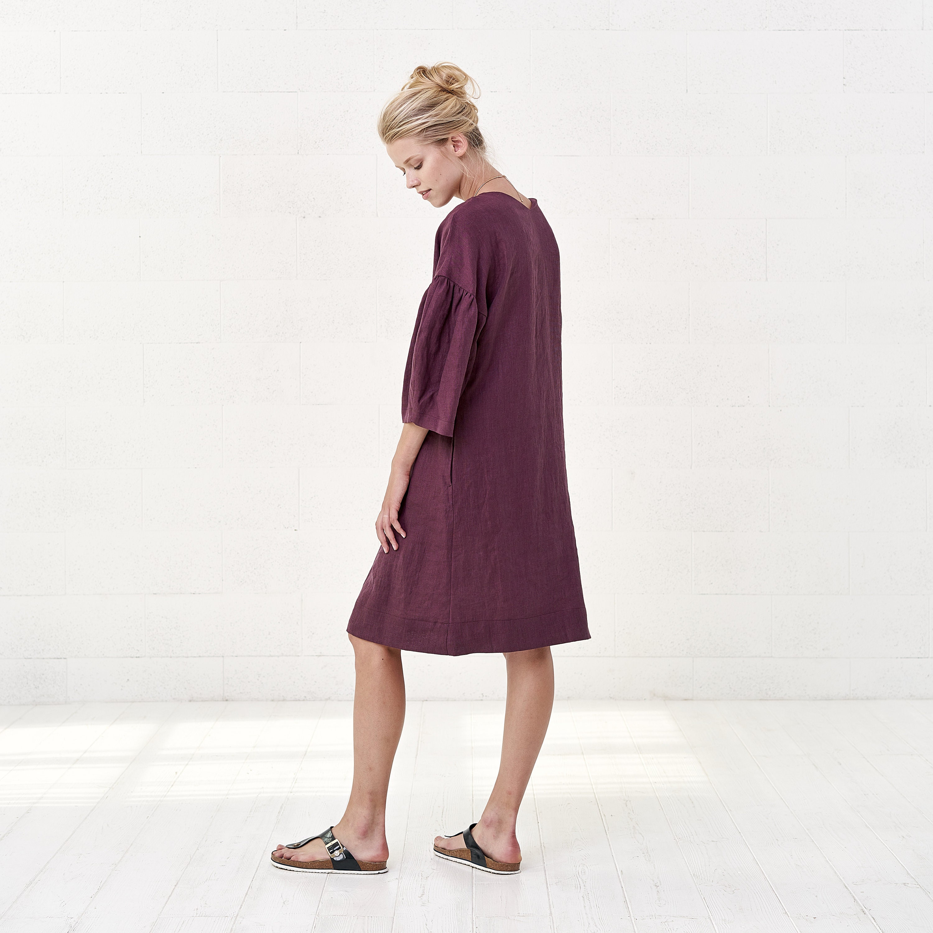 Women's Boho Linen Midi Dress Oversized Burgundy Linen | Etsy