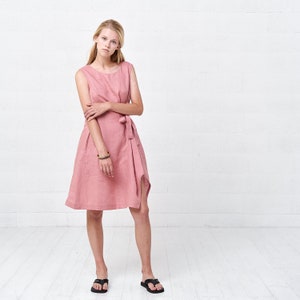 Pink Shift Linen Wrap Dress, Boho Womens Linen Dresses image 5