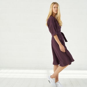 Linen Wrap Dress For Women, Burgundy Vintage Kimono Linen Midi Dress With Pockets image 3
