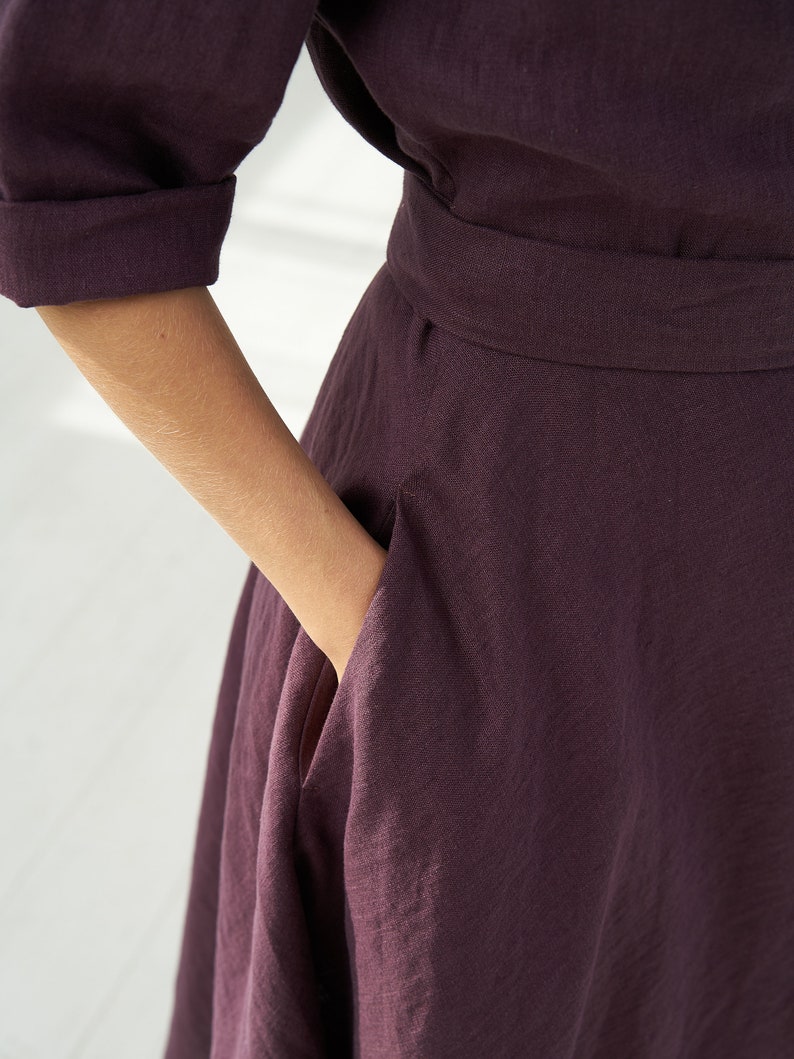 Linen Wrap Dress For Women, Burgundy Vintage Kimono Linen Midi Dress With Pockets image 5