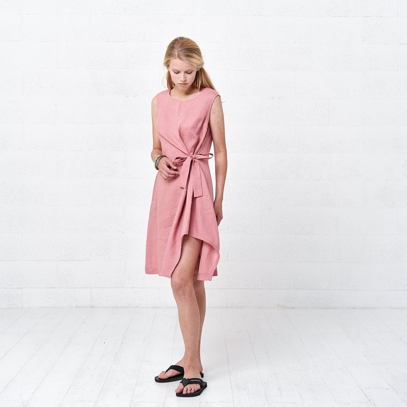 Pink Shift Linen Wrap Dress, Boho Womens Linen Dresses image 2